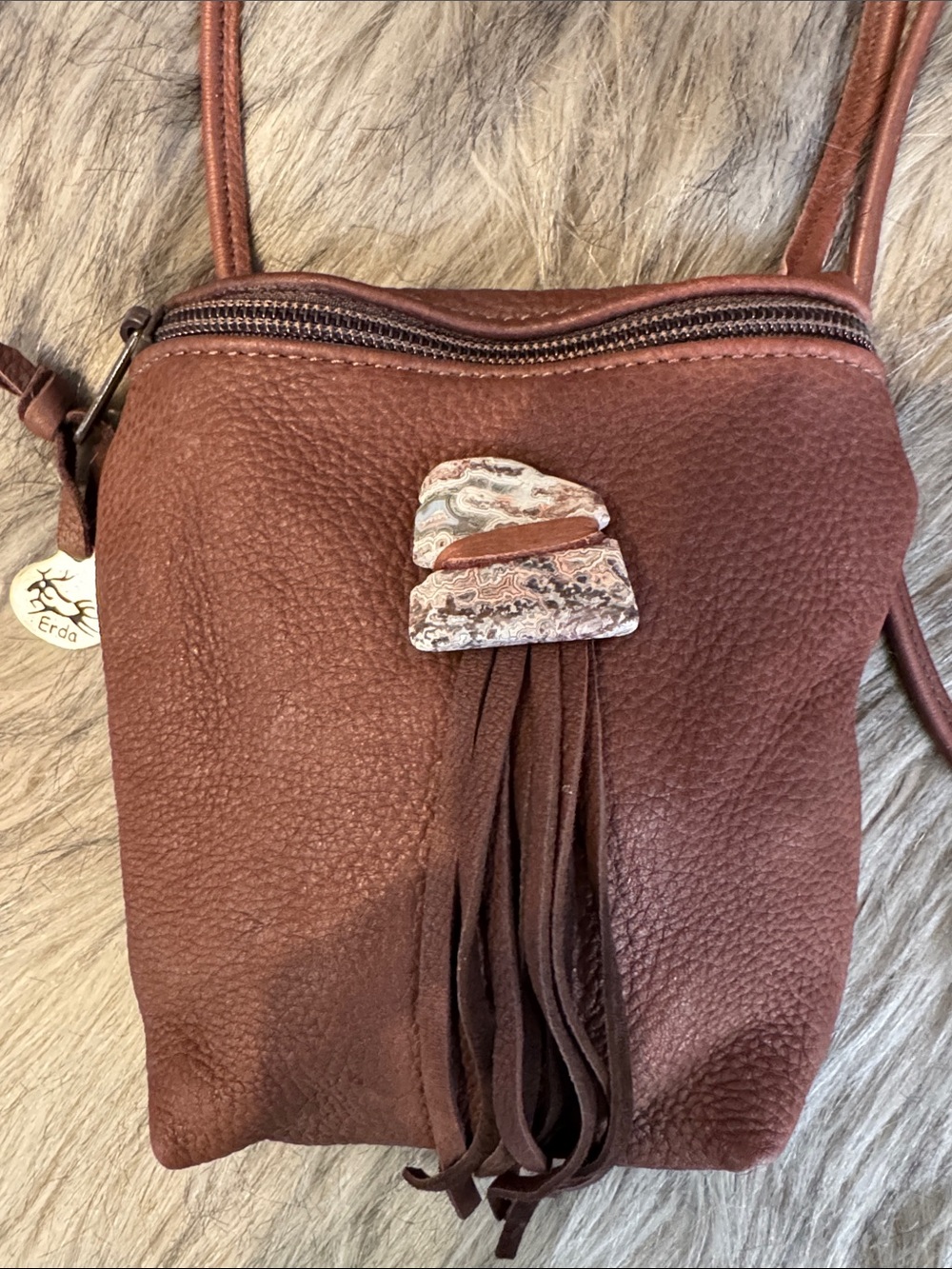 Erda Brown Leather Crossbody Bag with Tassel Accent